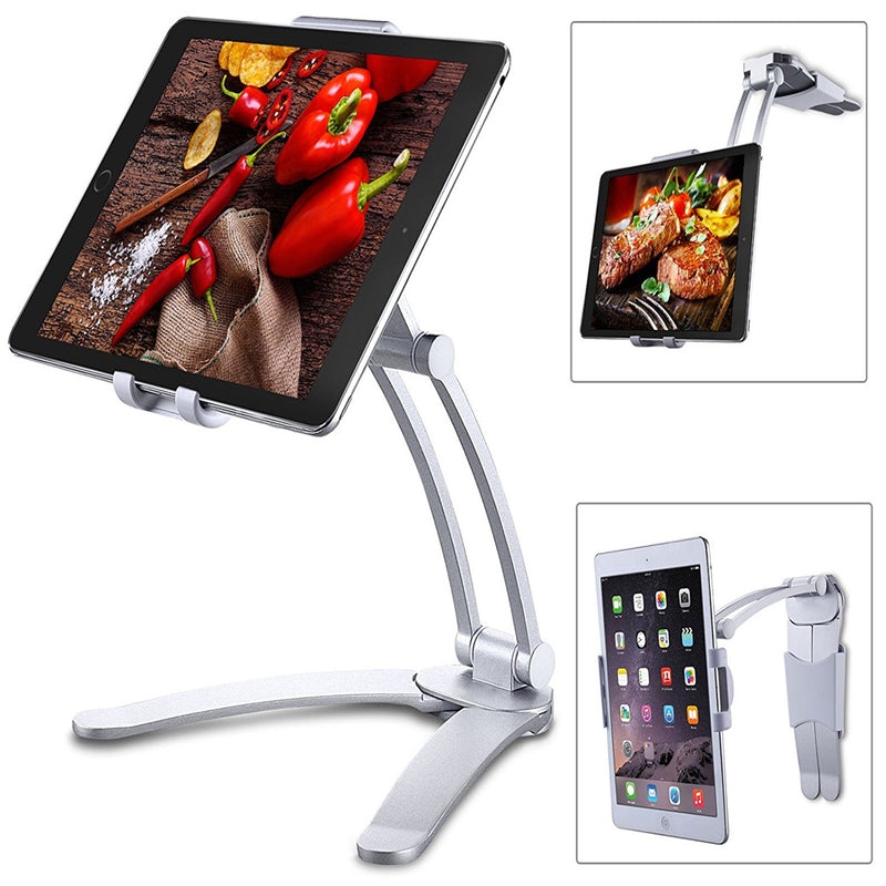 Tablet Stand & Wall Mount Adjustable Under Cabinet Desktop Mount for 5-10.5" Tablets and Mobile Phones/iPad Pro,Surface Pro, Pad Mini/Silver