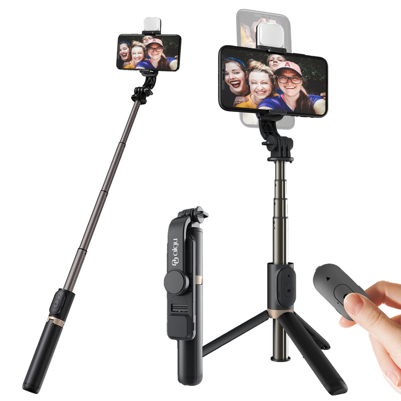 Selfie Stick with Tripod, Rechargeable LED Fill Light and Remote Control for iPhone and Android Phones. Extendable Aluminum Selfie Stick Tripod