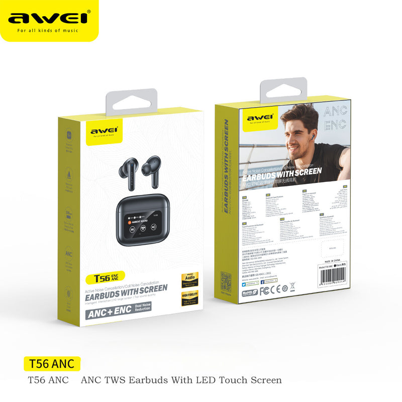 Awei T56 ANC Earbuds V5.4 Wireless Bluetooth Earphones With LED Color Screen Support Touch Control, ANC+ENC Dual Noise Reduction