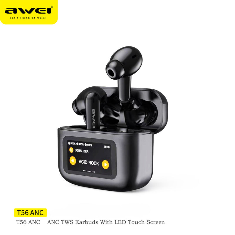 Awei T56 ANC Earbuds V5.4 Wireless Bluetooth Earphones With LED Color Screen Support Touch Control, ANC+ENC Dual Noise Reduction