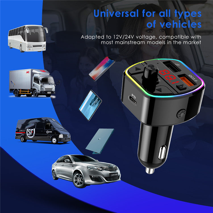 DS89 FM Transmitter 20W, Type-C Port, QC3.0 Bluetooth ver 5.0 Music USB, Black, With Display