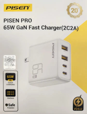 PISEN PRO 65W GAN DUAL USB-A AND DUAL USB-C FAST CHARGER FOR USB-A AND USB-C ENABLED DEVICES 2C2A