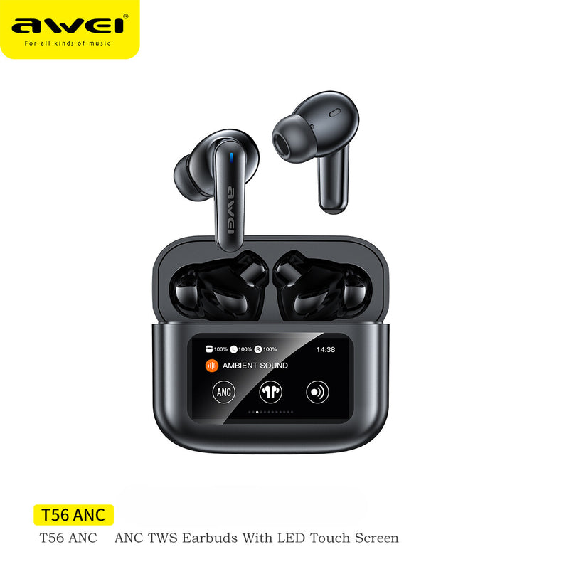 Awei T56 ANC Earbuds V5.4 Wireless Bluetooth Earphones With LED Color Screen Support Touch Control, ANC+ENC Dual Noise Reduction