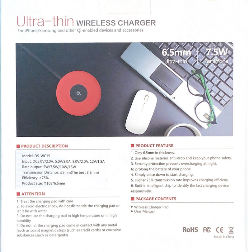 15 Watt ULTRA-THIN FAST WIRELESS CHARGER  15W/10W/7.5W/5W/602318748001/DS-WC15/iPhone/Samsung/Lg etc/ Black