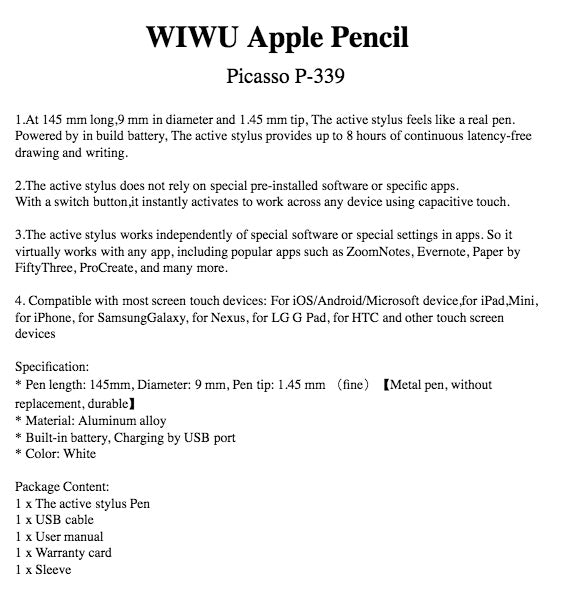 WIWU Picasso Rechargeable Stylus Pen for All iPad/iPhone/iPod/Tablet/& other Phones/Apple Pen/Pencil /White